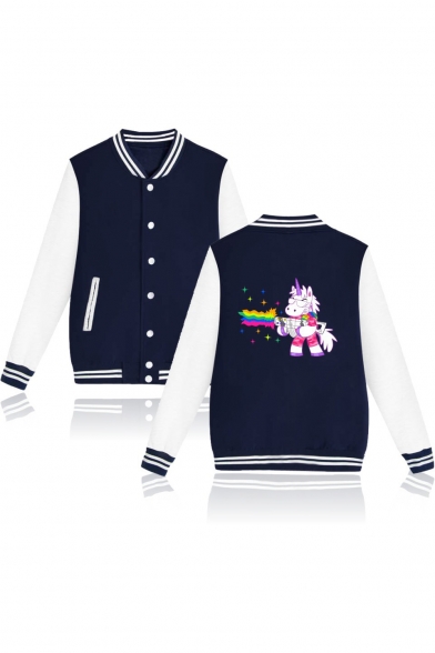 Cute Cartoon Unicorn Print Stand-Up Collar Long Sleeve Unisex Baseball Jacket