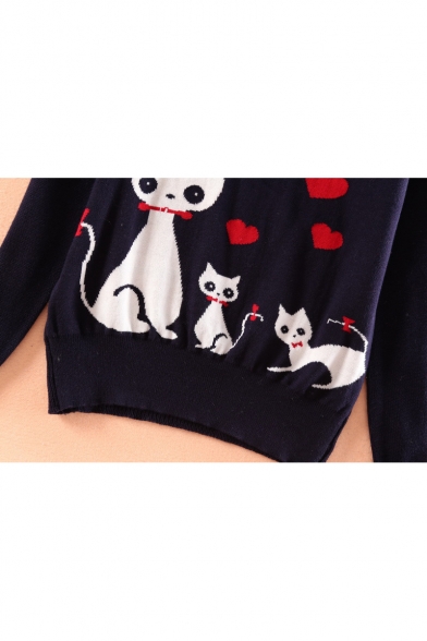Fashion Cute Cat Sweetheart Print Peter Pan Collar Long Sleeve Pullover Sweater