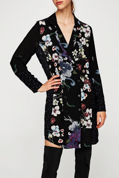 Fashion Floral Pattern Notched Lapel Collar Long Sleeve Double Breasted Blazer Dress