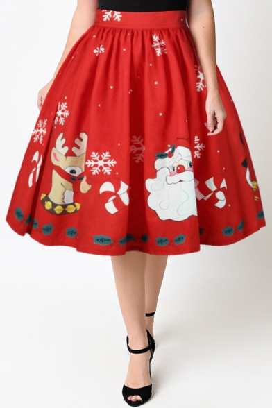 New Arrival High Waist Digital Santa Claus Pattern Midi Flared Skirt