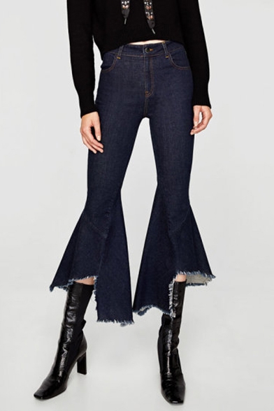 New Fashion Zipper Fly Raw Hem Asymmetric Flared Jeans