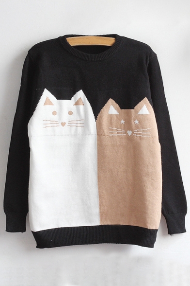 New Stylish Cartoon Cat Pattern Round Neck Long Sleeve Pullover Sweater