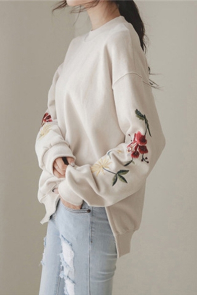 New Stylish Embroidered Split Side Dip Hem Round Neck Long Sleeve Pullover Sweatshirt
