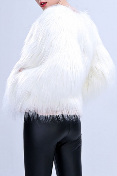 New Stylish Long Sleeve Plain Open Front Faux Fur Coat