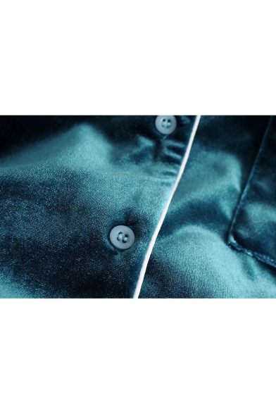 Notch Lapel Contrast Trim Long Sleeve Buttons Down Velvet Shirt