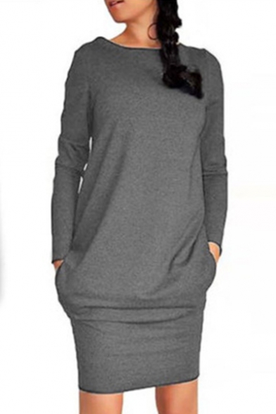 Simple Plain Round Neck Long Sleeve Long Sleeve Mini Dress