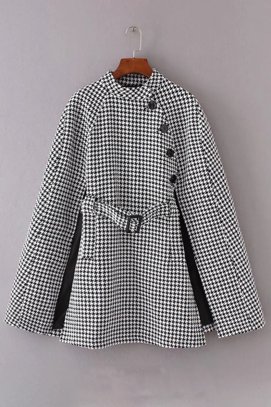 Classic Plaid Stand-Up Collar Belted Waist Button Side Tunic Cape
