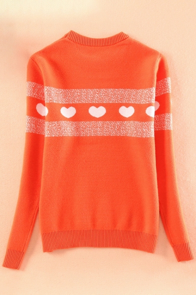 Fashion Heart Print Stripe Detail Round Neck Long Sleeve Pullover Sweater