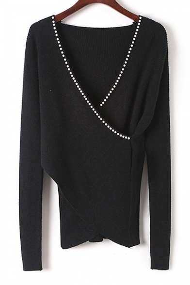 Fashion Pearl Embellished Crosses V Neck Long Sleeve Slim Sweater