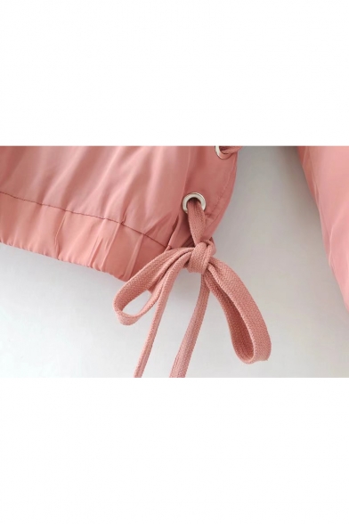 Fashion Tied Up Side Stand Up Collar Long Sleeve Plain Warm Zip Up Coat