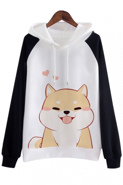 Hot Fashion Cute Dog Print Drawstring Hood Long Sleeve Hoodie