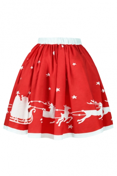 New Arrival High Waist Christmas Elk Pattern Midi A-Line Flared Skirt