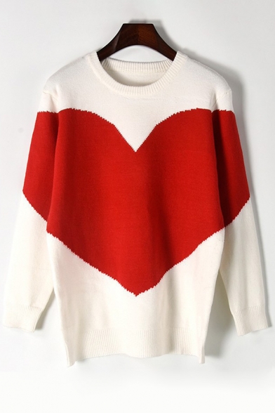 New Stylish Heart Print Round Neck Long Sleeve Loose Fit Pullover Sweater