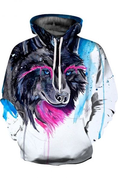 Chic 3D Wolf Print Color Block Drawstring Hood Long Sleeve Hoodie for Couple