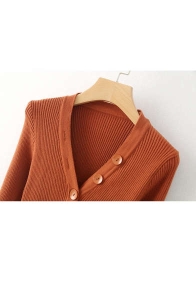 Fashion Buttons Down V Neck Long Sleeve Simple Plain Pullover Sweater