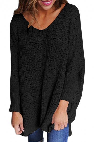 Fashion Textured Detail V-Neck Long Sleeve Loose Fit Pullover Sweater