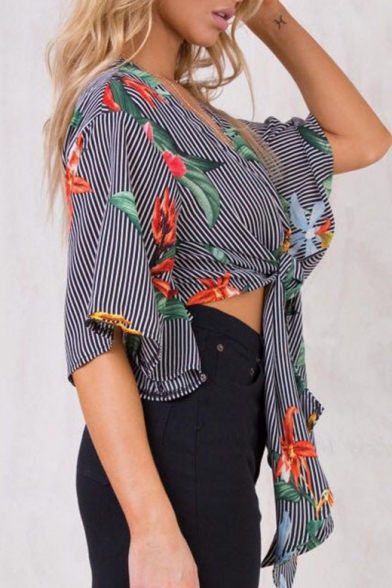 Floral Pattern Striped Deep V-Neck Knot Front Cropped Blouse
