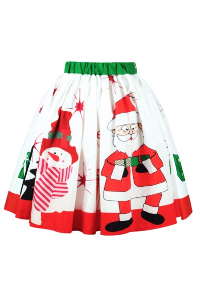 Hot Fashion Snowman Santa Claus Printed High Rise Midi Flared Skirt