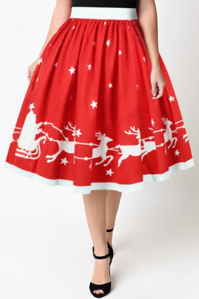 New Arrival High Waist Christmas Elk Pattern Midi A-Line Flared Skirt