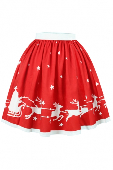 New Arrival High Waist Christmas Elk Pattern Midi A-Line Flared Skirt
