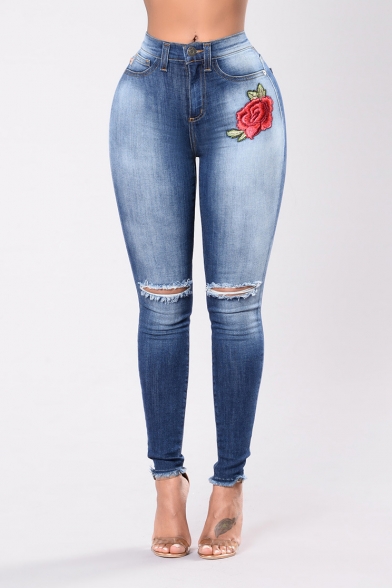 New Fashion Rose Embroidered Ripped Knee Raw Edge Skinny Jeans