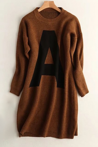 Round Neck Long Sleeve Simple Letter A Pattern Tunic Pullover Sweater
