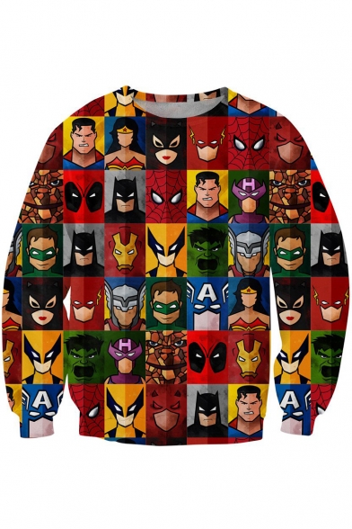 Super Heroes 3D Print Check Panel Long Sleeve Pullover Sweatshirt