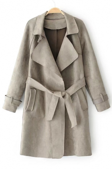 Chic Belted Waist Notched Collar Long Sleeve Plain Tunic Coat