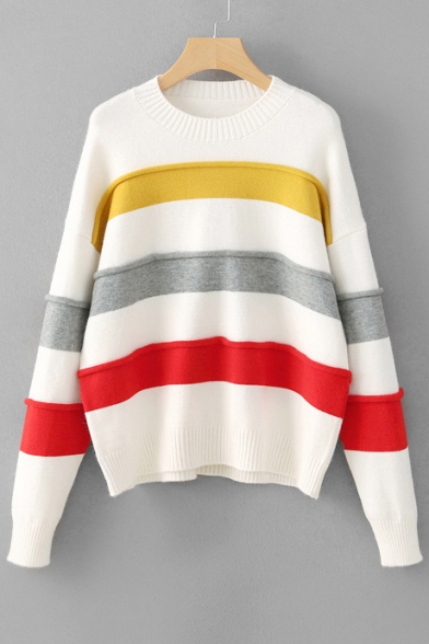 Chic Color Block Striped Pattern Long Sleeve Round Neck Pullover Sweater