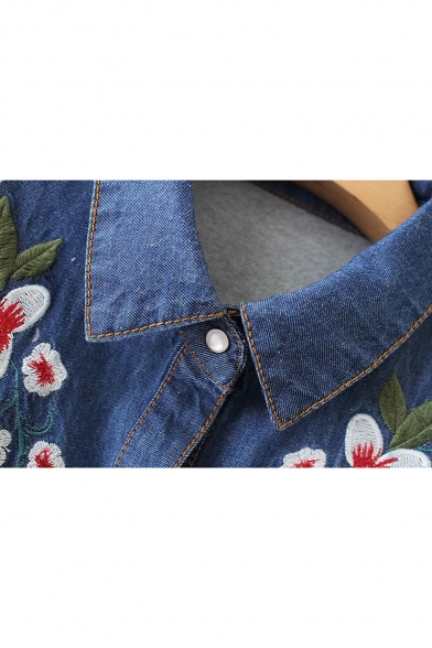 Chic Floral Embroidered Lapel Collar Long Sleeve Buttons Down Denim Shirt