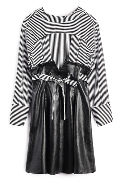 Color Block Striped Shirt Panel Drawstring Waist Short PU Dress