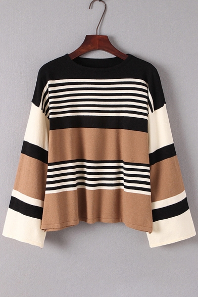 Fashion Round Neck Long Sleeve Striped Pattern Pullover Sweater