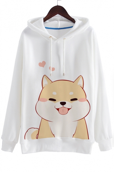 Hot Fashion Cute Dog Print Drawstring Hood Long Sleeve Hoodie