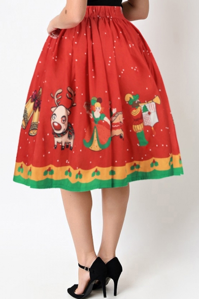 Hot Fashion Digital Christmas Pattern High Rise Midi Flared Skirt