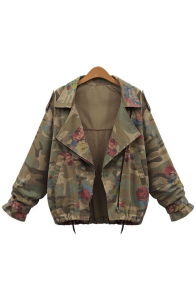 New Fashion Rose Camouflage Pattern Notch Lapel Batwing Long Sleeve Jacket