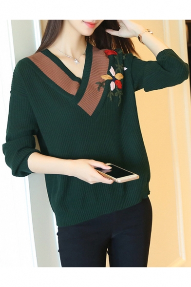 New Stylish Floral Embroidered V Neck Long Sleeve Casual Loose Sweater