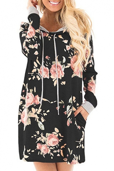 New Stylish Floral Print Drawstring Hooded Long Sleeve Pocket Loose Fit Dress