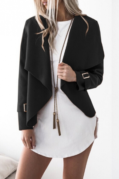 Simple Plain Oversize Lapel Belted Cuff Open Front Long Sleeve Coat