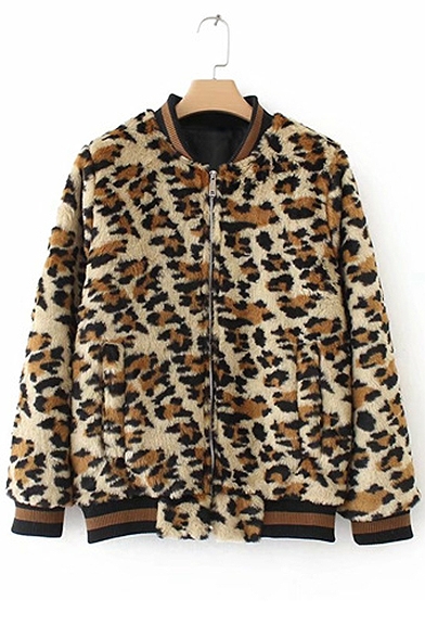 Stand Up Collar Ribbed Cuff Zip Up Leopard Print Jacket