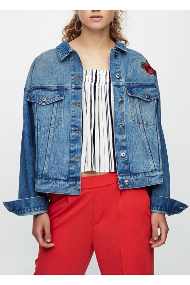Floral Crane Embroidered Back Lapel Buttons Down Long Sleeve Denim Jacket