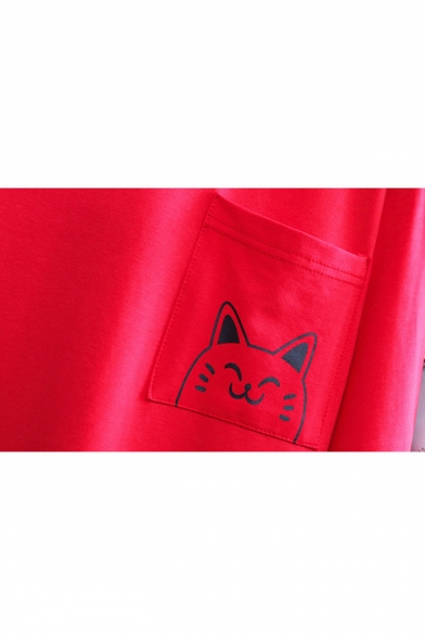 Cute Cartoon Cat Pattern Round Neck Long Sleeve Split Side Tunic Sweatshirt