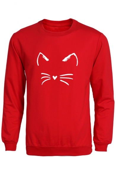 Cute Cartoon Cat Round Neck Long Sleeve Pullover Sweatshirt