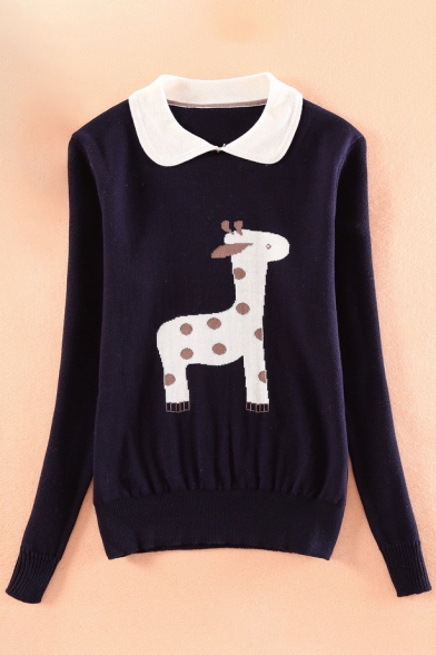 Fashion Giraffe Print Lapel Long Sleeve Elastic Waist Pullover Sweater