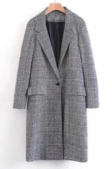 Fashionable Single Button Notched Lapel Classic Plaid Tunic Coat