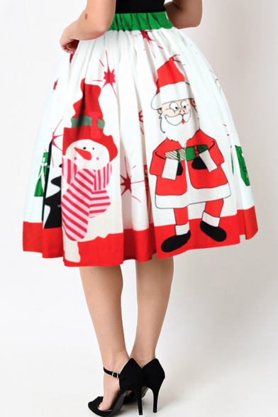 Hot Fashion Snowman Santa Claus Printed High Rise Midi Flared Skirt