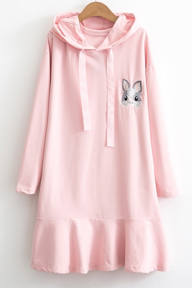 Lovely Rabbit Embroidered Ruffle Hem Long Sleeve Short Dress with Hood