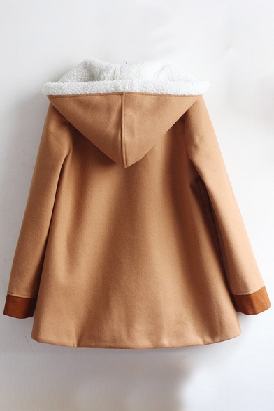 New Fashion Conrast Cuff Bow Embellished Single Breasted Long Sleeve Coat with Hood