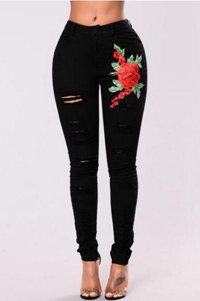New Fashion Floral Embroidered Ripped Skinny Jeans