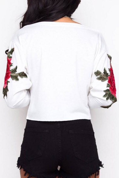 New Stylish Embroidery Floral Pattern Long Sleeve Pullover Sweatshirt