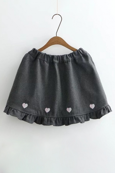 New Stylish Embroidery Heart Shape Elastic Waist Ruffle Hem Mini Skirt